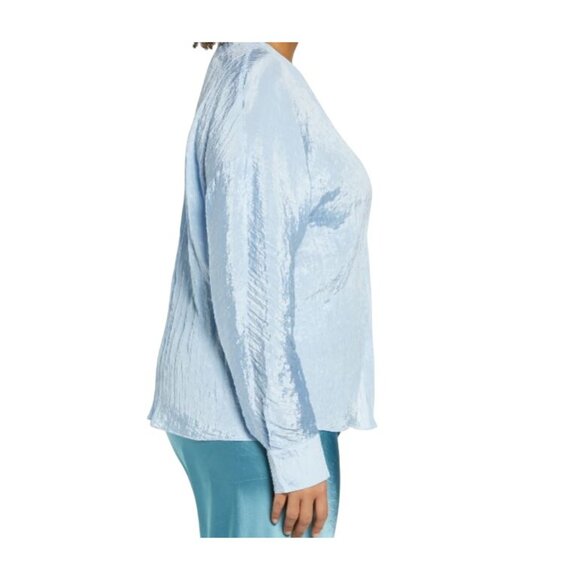 Vince Women's Blouse Double V-Neck Crinkle Cerulean Blue Long Sleeve 2X NEW - Picture 6 of 7